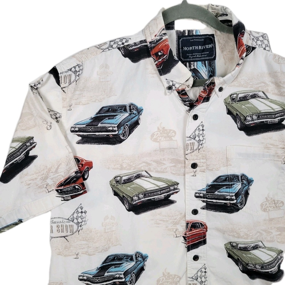 VTG Mens North River XL Hawaiian Shirt Multicolor Muscle Cars Short Sleeve‎ AOP
